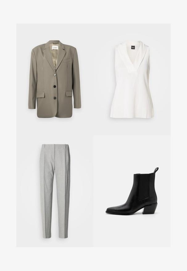 Blazer gris de gran tamaño con solapa muesca, dos bolsillos frontales, tres botones negros y un forro de satén. Diseño minimalista con una forma estructurada.; Top blanco sin mangas con diseño de cuello en v, que presenta un cuello drapeado y una textura suave y ligeramente brillante. Ideal para usar en capas.; Pantalones plisados de color gris claro con un corte entallado. Presentan una tela texturizada, bolsillos laterales y un diseño clásico de pierna recta.; Botas de tobillo de cuero negro con punta afilada, paneles laterales elásticos y un tacón bajo en bloque. Cuenta con una lengüeta en el talón para facilitar su uso.
