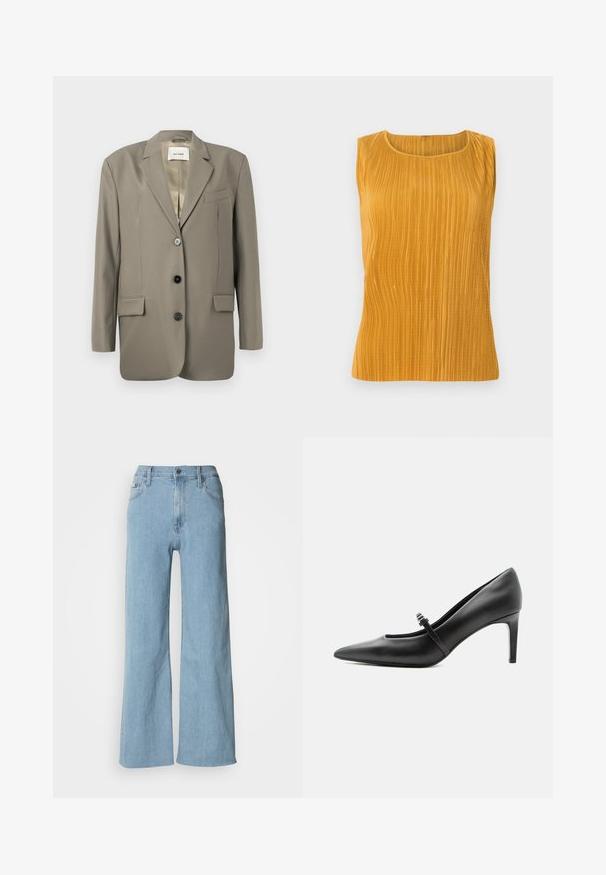 Blazer gris de gran tamaño con solapa muesca, dos bolsillos frontales, tres botones negros y un forro de satén. Diseño minimalista con una forma estructurada.; Top sin mangas de color mostaza con pliegues verticales, escote redondeado y una textura suave. Diseño simple sin adornos adicionales.; Vaqueros de pierna ancha en azul claro, fabricados en denim, con una cintura ajustada, diseño de cinco bolsillos y sutiles detalles de costura.; Zapato de tacón alto de cuero negro con punta puntiaguda, con tira fina y hebilla sobre el empeine, sobre fondo claro y neutro.