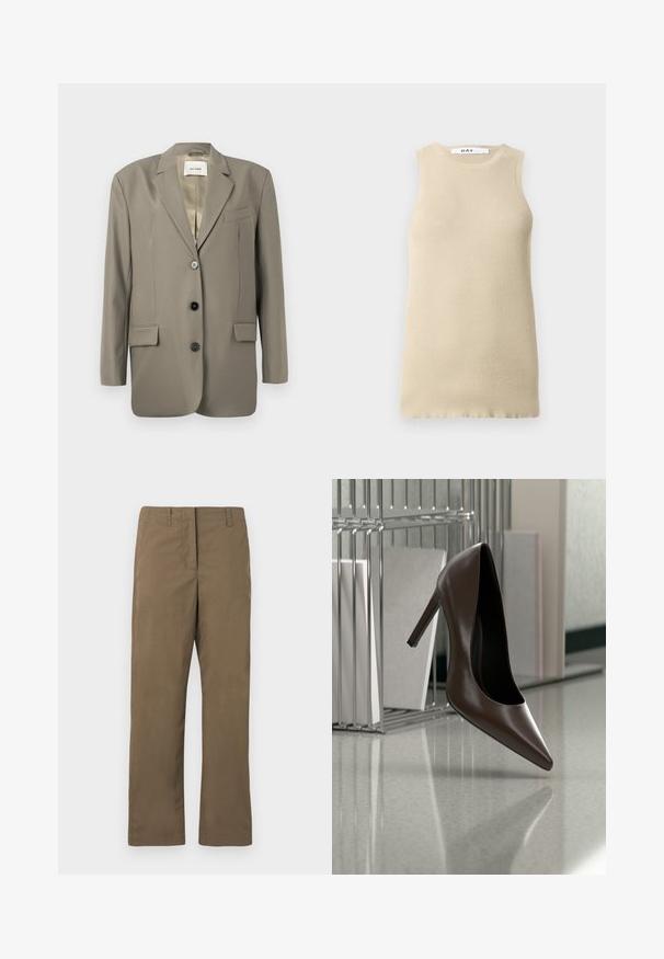 Blazer gris de gran tamaño con solapa muesca, dos bolsillos frontales, tres botones negros y un forro de satén. Diseño minimalista con una forma estructurada.; Top sin mangas de canalé beige con cuello redondo, que presenta un ajuste ceñido y una textura suave, ideal para superponer o para climas cálidos.; Pantalones rectos marrones hechos de una mezcla de algodón. Cuentan con passantes para cinturón, un bolsillo frontal y una textura suave sin patrones.; Zapato de cuero marrón oscuro con tacón alto flotando sobre un suelo reflectante junto a un estante metálico con paneles blancos en una habitación.