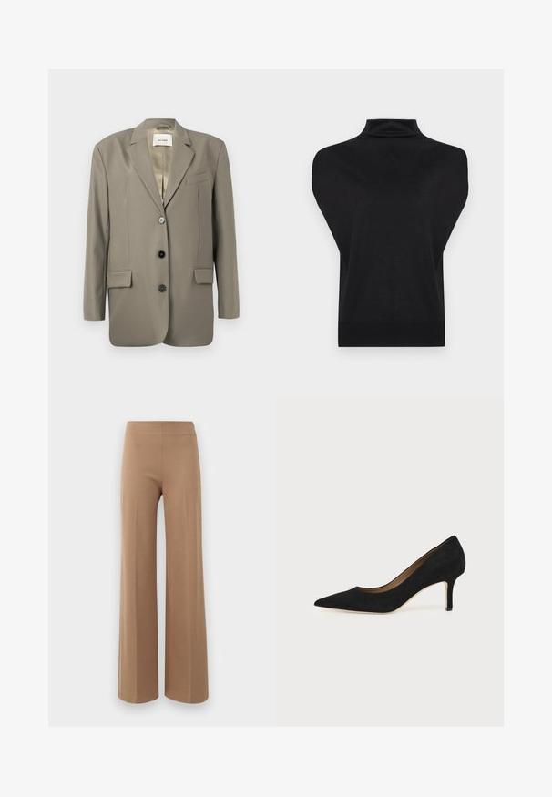 Blazer gris de gran tamaño con solapa muesca, dos bolsillos frontales, tres botones negros y un forro de satén. Diseño minimalista con una forma estructurada.; Suéter negro sin mangas con cuello alto, paneles anchos en los hombros y dobladillo acanalado ajustado, exhibido sobre un fondo blanco.; Pantalones de pierna ancha en un marrón claro, de tejido elástico con una textura suave y una cinturilla alta y elástica. Sin cierre visible ni bolsillos.; Salón de ante negro con punta puntiaguda, tacón de aguja delgado de altura media y diseño de corte bajo sobre un fondo liso.