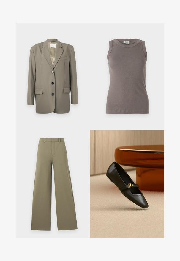 Blazer gris de gran tamaño con solapa muesca, dos bolsillos frontales, tres botones negros y un forro de satén. Diseño minimalista con una forma estructurada.; Top de tirantes gris con cuello redondo y diseño sin mangas, confeccionado en una suave tela texturizada. Silueta simple y ajustada.; Pantalones de pierna ancha en oliva claro con una textura suave, con cremallera frontal, cinturilla con trabillas y dos bolsillos laterales.; Zapato plano de cuero negro con puntera puntiaguda y logo dorado de CK en la correa, colocado sobre una alfombra beige cerca de una mesa redonda marrón ámbar.