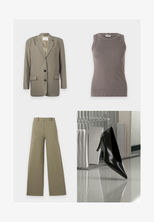 Blazer gris de gran tamaño con solapa muesca, dos bolsillos frontales, tres botones negros y un forro de satén. Diseño minimalista con una forma estructurada.; Top de tirantes gris con cuello redondo y diseño sin mangas, confeccionado en una suave tela texturizada. Silueta simple y ajustada.; Pantalones de pierna ancha en oliva claro con una textura suave, con cremallera frontal, cinturilla con trabillas y dos bolsillos laterales.; Zapato de tacón alto negro con punta afilada y logo dorado, colocado sobre una superficie reflectante cerca de un organizador de archivos de alambre cromado con documentos.