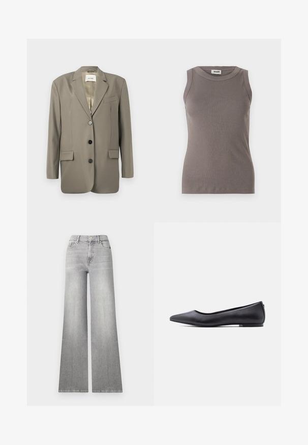 Blazer gris de gran tamaño con solapa muesca, dos bolsillos frontales, tres botones negros y un forro de satén. Diseño minimalista con una forma estructurada.; Top de tirantes gris con cuello redondo y diseño sin mangas, confeccionado en una suave tela texturizada. Silueta simple y ajustada.; Jeans de mezclilla gris de pierna ancha con un acabado desgastado, bolsillo frontal y cierre de botón. Presenta una pierna recta y un dobladillo clásico.; Zapato plano de cuero negro con punta puntiaguda y tacón bajo, mostrado de perfil contra un fondo blanco.