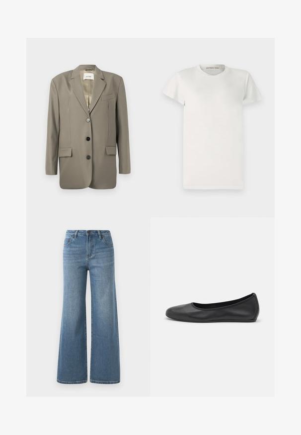 Blazer gris de gran tamaño con solapa muesca, dos bolsillos frontales, tres botones negros y un forro de satén. Diseño minimalista con una forma estructurada.; Camiseta blanca de manga corta hecha de algodón, con escote redondo y corte sencillo. Las etiquetas muestran "DESIGNERS REMIX" dentro del cuello.; Vaqueros de mezclilla anchos de color azul claro con una cintura alta, cierre de botón y cremallera, y bolsillos frontales.; Bailarina de piel negra con punta redondeada, textura suave, detalle de costura minimalista y diseño de suela flexible.