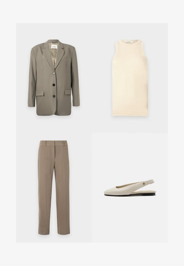 Blazer gris de gran tamaño con solapa muesca, dos bolsillos frontales, tres botones negros y un forro de satén. Diseño minimalista con una forma estructurada.; Top sin mangas de color beige claro, hecho de tejido acanalado, que presenta un escote redondo y un diseño ajustado. Textura suave con costuras mínimas.; Pantalones caqui de pierna recta con trabillas para cinturón y cierre frontal de cremallera sobre fondo blanco.; Zapato plano slingback de cuero color crema con puntera redondeada y pequeño emblema dorado en la correa.