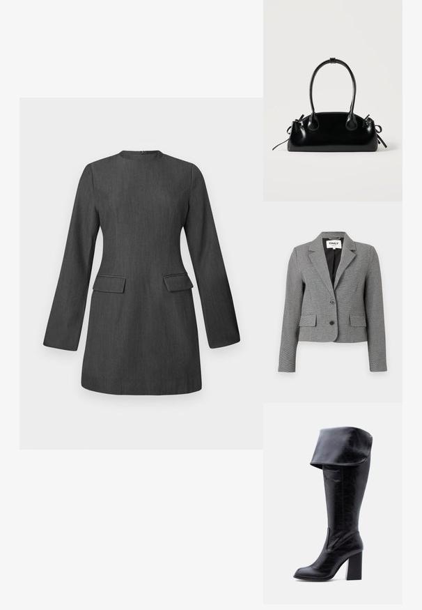 Grå tætsiddende blazer med ternet mønster, enspændt design, to forlommer og spids krave. Indeholder to sorte knapper.; Grå skræddersyet kjole med lange ærmer, rund halsudskæring og to forlommer. Fremstillet af tekstureret stof med et slankt, struktureret design.; Høj sort læderstøvle med hæl, foldet kant og rund tå, stående oprejst på en hvid baggrund.; Lille sort blank håndtaske med to lange håndtag og snøre-detaljer i siden på en ensfarvet lys baggrund.