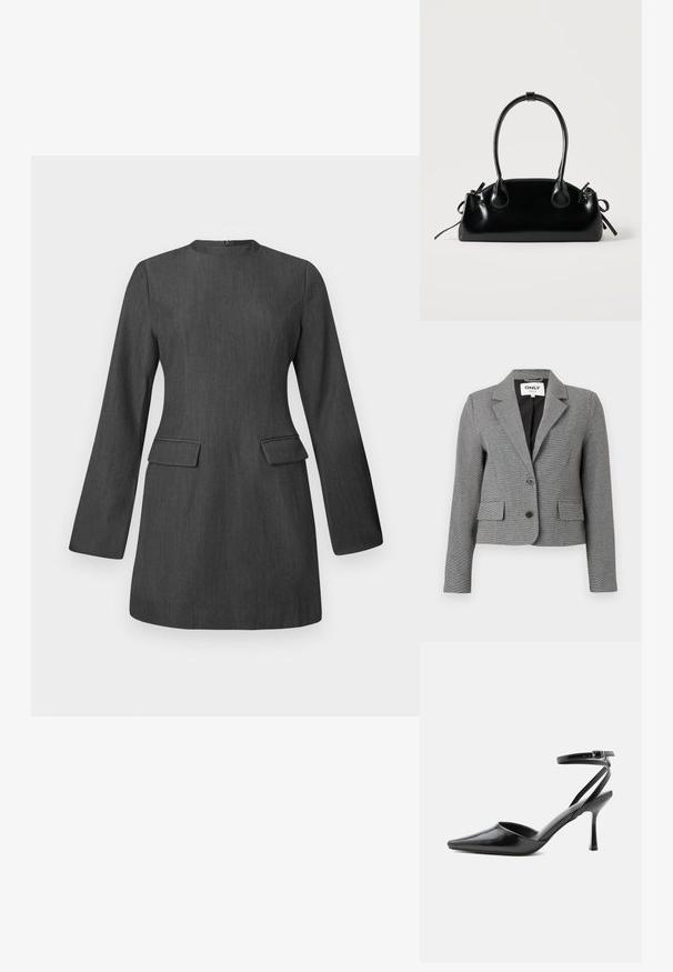 Grå tætsiddende blazer med ternet mønster, enspændt design, to forlommer og spids krave. Indeholder to sorte knapper.; Grå skræddersyet kjole med lange ærmer, rund halsudskæring og to forlommer. Fremstillet af tekstureret stof med et slankt, struktureret design.; Sort spids højhælet sko med tynde ankelremme og sølvspænde på en ensfarvet lys baggrund.; Lille sort blank håndtaske med to lange håndtag og snøre-detaljer i siden på en ensfarvet lys baggrund.