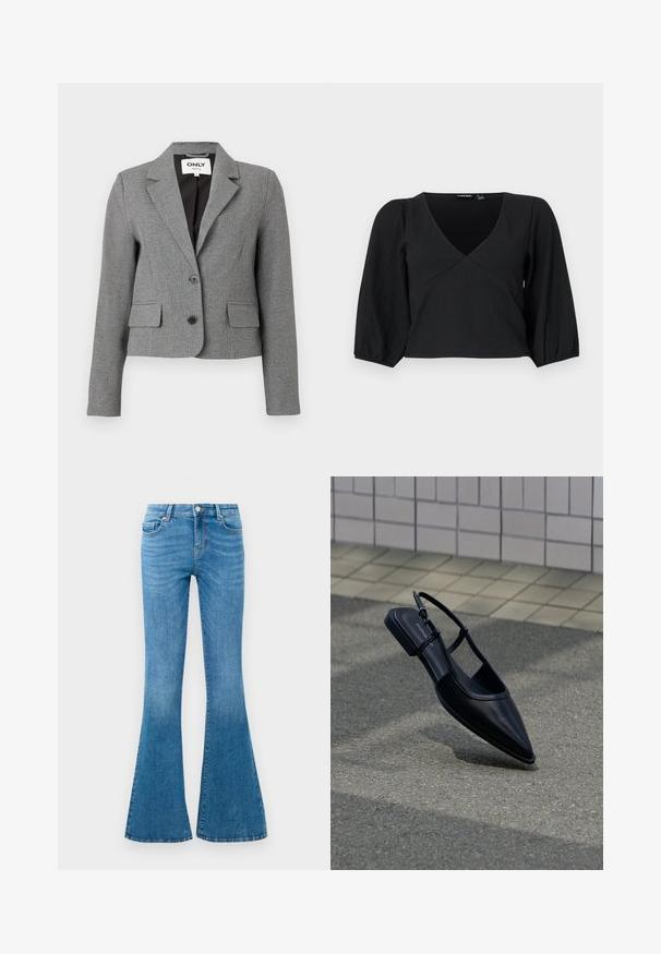 Grå tætsiddende blazer med ternet mønster, enspændt design, to forlommer og spids krave. Indeholder to sorte knapper.; Sort, tekstureret pullover med V-udskæring, der har lange, pufærmer og en omslagstype design.; Blå denim flared jeans med mellemhøj talje, der har fem lommer, en standard knaplukning og let falmning for struktur.; Sort slingback-flad sko med spids tå, svævende over en asfaltflade ved siden af en flisebelagt fortov.