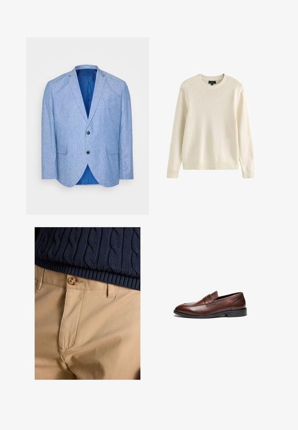 Lys blå blazer lavet af tekstureret stof. Har en spids revers, to sorte knapper og blåt foer indeni. Enkel brystlomme.; Flødefarvet langærmet strikket sweater med ribstrikket rund hals, ærmegab og kant, mærket størrelse medium fra mærket Next.; Nærbillede af beige bukser med knaplukning kombineret med navyblå kabelstrikket sweaterkant.; Brune læder loafers med en glat finish, rund tå, dekorativ rem og sort gummisål. Har minimal syning detaljer.