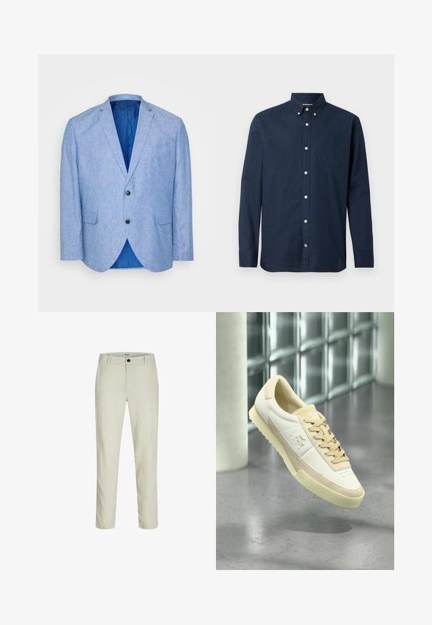 Lys blå blazer lavet af tekstureret stof. Har en spids revers, to sorte knapper og blåt foer indeni. Enkel brystlomme.; Mørkeblå langærmet skjorte lavet af letvægtsstof med knap-ned krave, forlommer og hvide knapper. Glat tekstur.; Beige bukser med lige ben og bæltestropper, forreste knap og lynlås, vist mod en hvid baggrund.; Hvid og beige afslappet sneaker med snørebånd og en tekstureret sål, svævende over et reflekterende gråt gulv nær en væg af glasblokke.