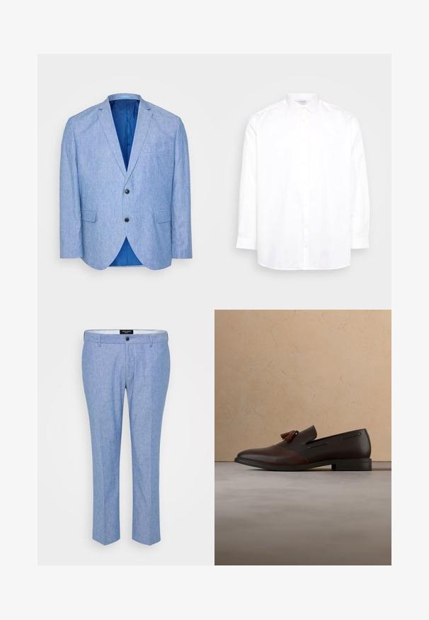 Blazer bleu clair en tissu texturé. Présente un revers cranté, deux boutons noirs et une doublure bleue à l'intérieur. Poche poitrine unique.; Chemise blanche à manches longues et boutonnée, en coton. Présente un col pointu et six boutons sur le devant. Texture lisse, coupe régulière.; Pantalons bleu clair en tissu texturé, à coupe droite, avec passants de ceinture et fermeture à bouton simple à l'avant.; Mocassin en cuir marron foncé avec des pampilles flottant au-dessus d’un tapis beige tissé, avec une table ronde en bois et des livres empilés en arrière-plan.
