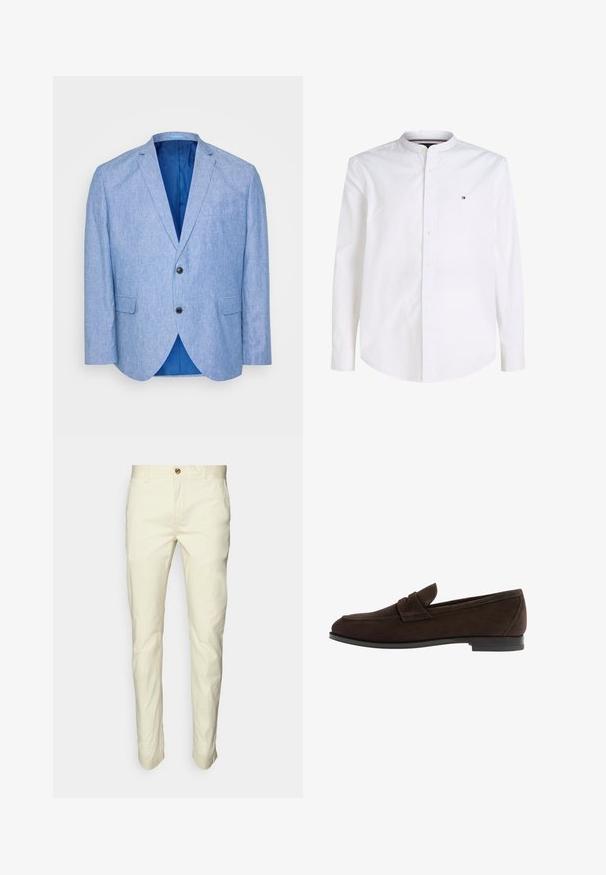 Lys blå blazer lavet af tekstureret stof. Har en spids revers, to sorte knapper og blåt foer indeni. Enkel brystlomme.; Hvid langærmet herreskjorte med knapper og ståkrave samt et lille Tommy Hilfiger-logo på brystet.; Lyse beige chinos med lige pasform, fremstillet af bomuldsstof, med knaplukning og forlommer. Glat tekstur, minimal detaljering.; Brune ruskinds loafers med en flad gummisål, der har en slip-on design og detaljeret syning langs kanterne.