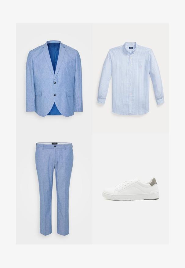 Lys blå blazer lavet af tekstureret stof. Har en spids revers, to sorte knapper og blåt foer indeni. Enkel brystlomme.; Lyseblå skjorte med lange ærmer, knapper foran, hvide lodrette striber og et lille pink logo på venstre bryst.; Lyseblå bukser lavet af tekstureret stof, med lige snit, bæltestropper og en enkelt lukning foran med knap.; Hvid sneaker lavet af glat læder, rund tå, minimalistisk design, grå hælafsats og tekstureret gummisål.