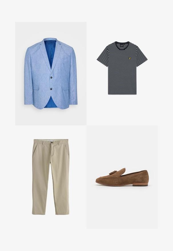 Blazer bleu clair en tissu texturé. Présente un revers cranté, deux boutons noirs et une doublure bleue à l'intérieur. Poche poitrine unique.; T-shirt bleu marine à manches courtes avec de fines rayures horizontales blanches et un petit logo d'oiseau jaune sur le côté gauche de la poitrine.; Pantalon beige à jambes droites avec poches latérales, passants pour ceinture et fermeture à bouton à la taille.; Mocassins en daim marron avec un accent en pampille, profil bas, bout arrondi et surface texturée, montés sur un talon en bois empilé.