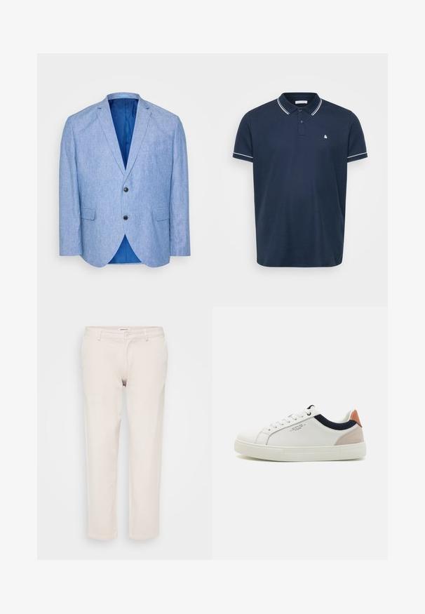 Blazer bleu clair en tissu texturé. Présente un revers cranté, deux boutons noirs et une doublure bleue à l'intérieur. Poche poitrine unique.; Polo shirt bleu marine en tissu texturé, avec un col classique, trois boutons et des finitions blanches sur les manches et le col. Petit logo sur la poitrine.; Pantalons en coton beige à coupe droite, dotés d'une fermeture à bouton, de passants de ceinture et sans motifs ni textures visibles.; Baskets en cuir blanc avec un design bas, accent en tissu bleu marine sur le col et onglet de talon en daim rose pâle. Semelle en caoutchouc.