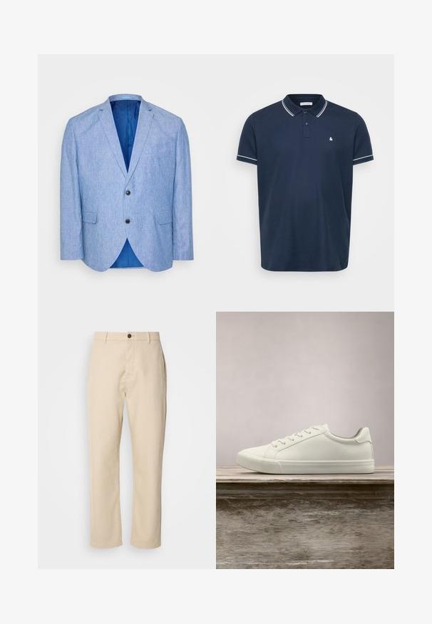 Lys blå blazer lavet af tekstureret stof. Har en spids revers, to sorte knapper og blåt foer indeni. Enkel brystlomme.; Marineblå polo t-shirt lavet af tekstureret stof, med klassisk krave, tre knapper og hvidt kantbånd på ærmerne og kraven. Lille logo på brystet.; Beige bomuldsbukser med lige ben, en frontknaplukning, sidelommer og en glat tekstur. Minimalistisk design, ingen synlige mønstre.; Hvide snørresneakers svævende over en træbænk med grønne planter i baggrunden, der fremhæver skodesign og tekstur.