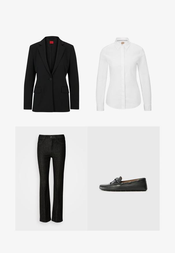 Blazer noir avec un col cranté et une fermeture à un bouton. Dispose de deux poches avant et d'une doublure lisse avec un motif subtile.; Chemise blanche à manches longues, en coton crisp, avec un col classique, une patte de boutonnage à l'avant et une coupe ajustée. Texture lisse, sans motifs.; Jeans en denim noir à coupe droite, avec une fermeture à bouton, cinq poches et des détails de couture subtils. Texture lisse et design classique.; Bateau en cuir noir avec un bout arrondi, des détails de couture, un petit accent en nœud et une semelle en caoutchouc. Texture lisse et design épuré.