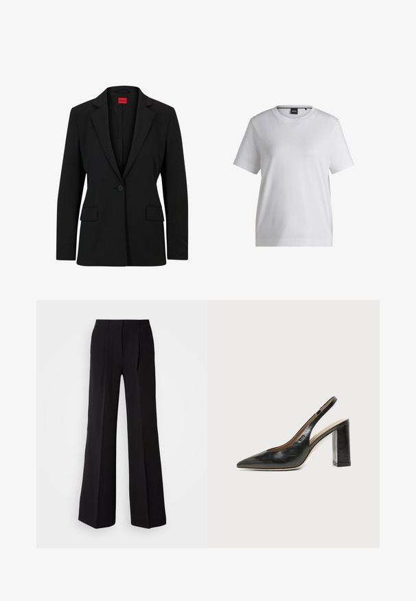 Blazer noir avec un col cranté et une fermeture à un bouton. Dispose de deux poches avant et d'une doublure lisse avec un motif subtile.; T-shirt en coton blanc avec un col rond, des manches courtes et une coupe décontractée. Il présente une petite étiquette de marque près du col.; Pantalons noirs en tissu lisse, avec une taille haute, une coupe évasée et deux plis sur le devant pour un détail de conception supplémentaire.; Chaussure slingback en cuir noir à bout pointu avec un talon bloc haut et une doublure intérieure beige sur un fond clair uni.