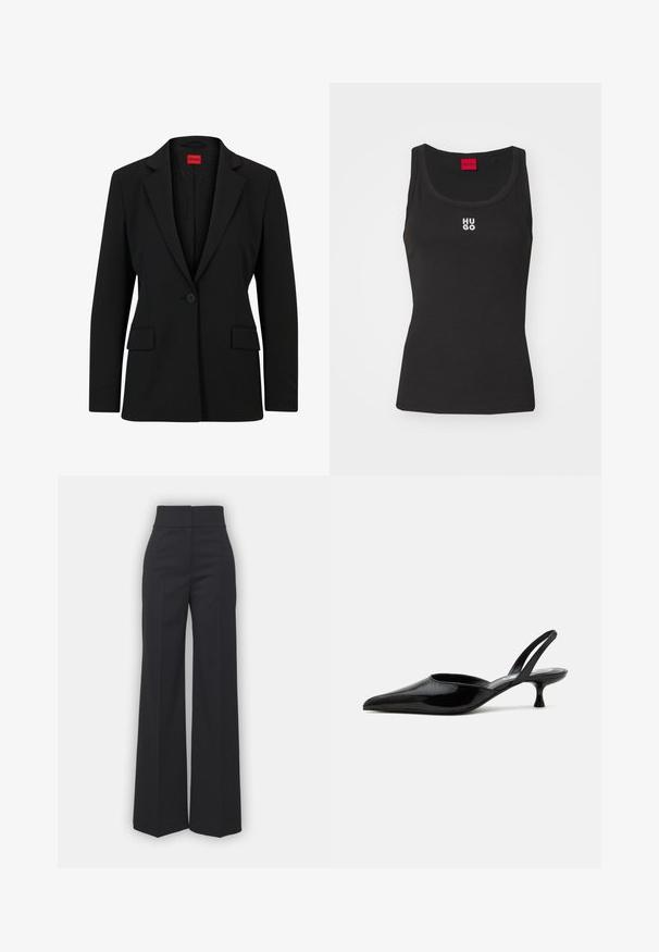 Blazer noir avec un col cranté et une fermeture à un bouton. Dispose de deux poches avant et d'une doublure lisse avec un motif subtile.; Débardeur noir en coton avec un col rond et sans manches. Présente le logo blanc "HUGO" au centre. Design simple et ajusté.; Pantalons à jambes larges en tissu noir avec une taille haute, présentant une finition soignée et une texture lisse. Pas de matériel ou de motifs visibles.; Chaussure slingback à talon kitten en cuir verni noir avec bout pointu et talon bas incurvé sur fond clair uni.