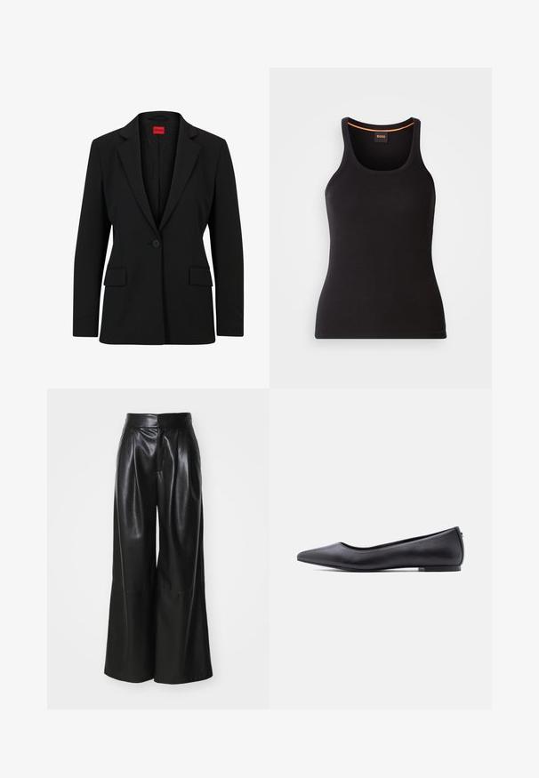 Blazer noir avec un col cranté et une fermeture à un bouton. Dispose de deux poches avant et d'une doublure lisse avec un motif subtile.; Débardeur noir côtelé avec un col rond. Présente une coupe ajustée et un accent orange au niveau du col. Logo de la marque discrètement brodé à l'avant.; Pantalons large en faux cuir noir, taille haute, avec un devant plissé et une texture lisse. Caractéristiques d'un design épuré et minimaliste.; Chaussure plate en cuir noire à bout pointu avec petit talon, vue de profil sur fond blanc.