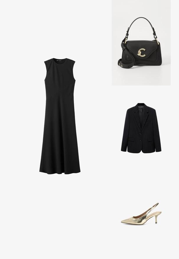 Blazer negro a rayas con solapa de muesca, botones frontales y dos bolsillos frontales. Confeccionado en una tela lisa con un ajuste entallado.; Vestido midi negro sin mangas con escote redondo y detalle sutil de costura diagonal en la cintura, silueta lisa en línea A.; Zapato de mujer tipo slingback de punta afilada y metálico dorado, con tacón bajo y delgado tipo kitten heel y una correa elástica en la parte trasera.; Bolso de piel negra con un acabado texturizado, que presenta un cierre en tono dorado, un asa superior y una correa de hombro ajustable.