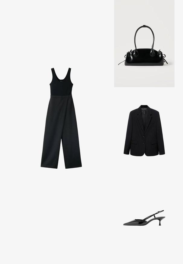 Zwarte blazer met een smal gestreept patroon, voorzien van een geknipt revers, voorknopen en twee voorzakken. Gemaakt van een gladde stof met een getailleerde pasvorm.; Mouwloze zwarte jumpsuit met brede pijpen en een aangesloten bovenstuk, afgebeeld op een witte achtergrond.; Zwarte lakleren pumps met een puntige neus, kittenheel, dunne enkelbandje en gouden gesp.; Kleine zwarte glanzende handtas met twee lange hengsels en zijkant trekkoord details op een effen lichte achtergrond.