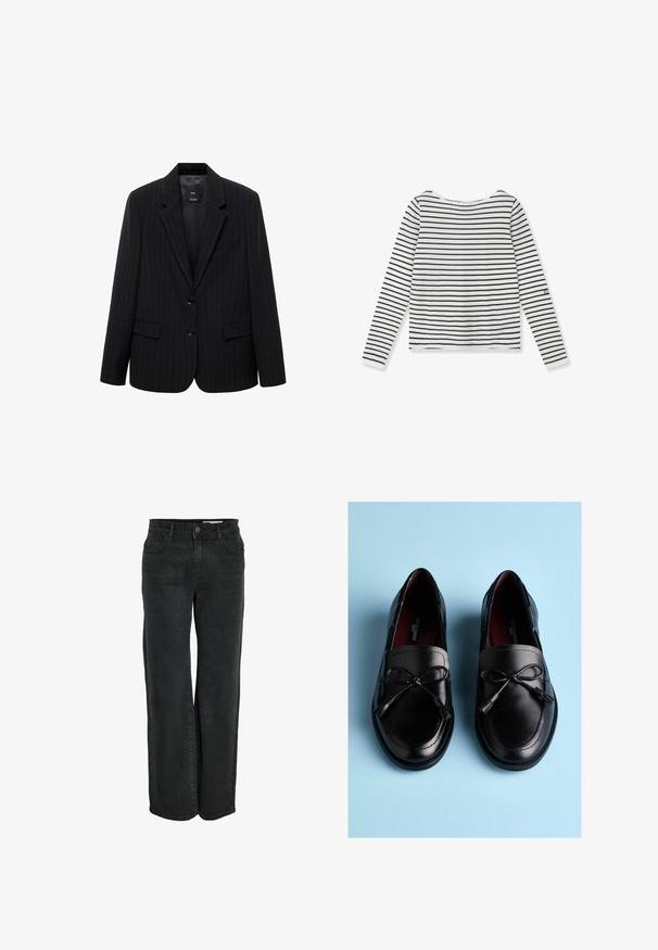 Blazer negro a rayas con solapa de muesca, botones frontales y dos bolsillos frontales. Confeccionado en una tela lisa con un ajuste entallado.; Camiseta de manga larga en algodón blanco con rayas horizontales negras, con cuello redondo y diseño ajustado. Sin herrajes ni detalles visibles.; Jeans de corte ancho en negro, confeccionados en denim, con un diseño clásico de cinco bolsillos y una cremallera con cierre de botón. Textura suave.; Mocasines de cuero negro con textura suave, con un lazo decorativo y borlas en la pala, diseñados con una forma redondeada.