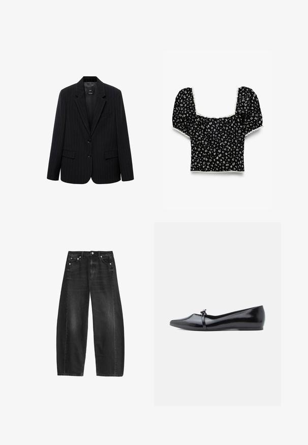 Zwarte blazer met een smal gestreept patroon, voorzien van een geknipt revers, voorknopen en twee voorzakken. Gemaakt van een gladde stof met een getailleerde pasvorm.; Zwart bloemen crop top met pofmouwen, witte kantafwerking en een vierkante halslijn. Bevat kleine witte bloemen op een donkere achtergrond.; Zwarte wijdvallende jeans van denim. Bevat een hoge taille, knoopsluiting, vijf zakken en een vervaagde afwerking met subtiele whiskers.; Zwarte lakleren balletflat met een spitse neus, decoratieve riem en een gladde textuur. Minimalistisch ontwerp zonder zichtbare accenten.