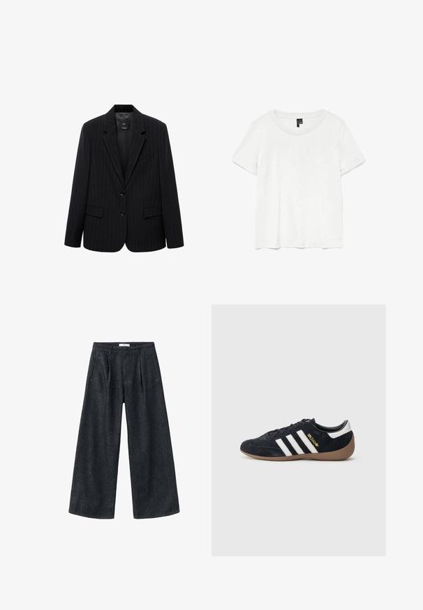 Zwarte blazer met een smal gestreept patroon, voorzien van een geknipt revers, voorknopen en twee voorzakken. Gemaakt van een gladde stof met een getailleerde pasvorm.; Witte t-shirt met korte mouwen en een ronde hals, gemaakt van lichte stof. Eenvoudig ontwerp, gladde textuur en rechte zoom.; Donkerdenim wijduitlopende broeken met plooien, een hoge taille en een klassieke snit. Bevat een schone afwerking aan de zoom en minimale stikseldetails.; Zwarte suède sneaker met drie witte strepen, een rubberen gumzool en een klein gouden logo aan de zijkant. Heeft een gladde zwarte binnenvoering.