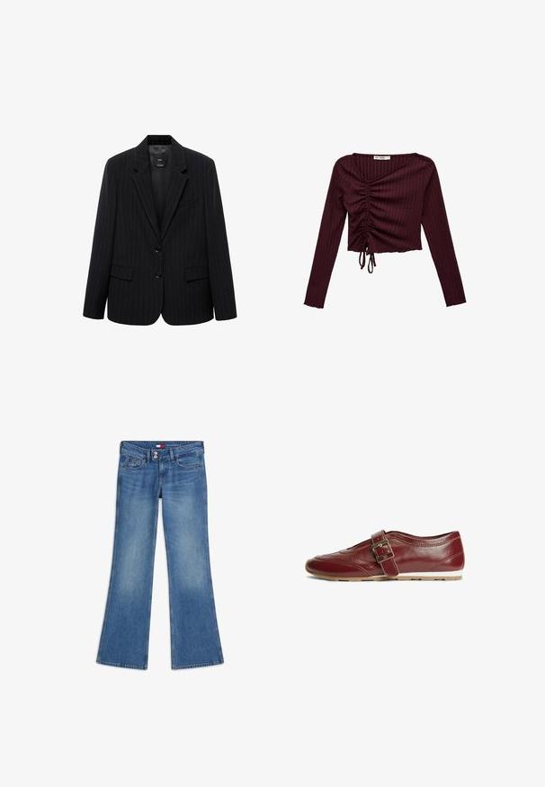 Blazer negro a rayas con solapa de muesca, botones frontales y dos bolsillos frontales. Confeccionado en una tela lisa con un ajuste entallado.; Top corto de manga larga en color burdeos con tejido acanalado, detalle fruncido y cordones centrados en la parte delantera, con un escote en V ligeramente pronunciado.; Vaqueros azul con corte de bota, con un leve desgaste en los muslos, cierre de doble botón y bolsillos delanteros y para monedas.; Zapato plano de cuero rojo oscuro para mujer con correa de hebilla dorada y suela de goma marrón claro sobre fondo blanco.