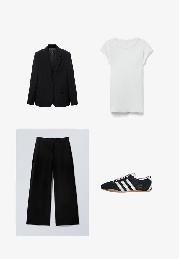 Blazer negro a rayas con solapa de muesca, botones frontales y dos bolsillos frontales. Confeccionado en una tela lisa con un ajuste entallado.; Camiseta blanca de manga corta con cuello redondo acanalado, colocada en plano sobre fondo blanco, mostrando el lado frontal y un estilo casual sencillo.; Pantalones negros de pierna ancha con trabillas para cinturón y bolsillos laterales, mostrados planos sobre un fondo gris claro.; Zapatillas de ante negro con tres franjas blancas, logotipo dorado y suela de goma marrón. Presentan un diseño de cordones de perfil bajo.