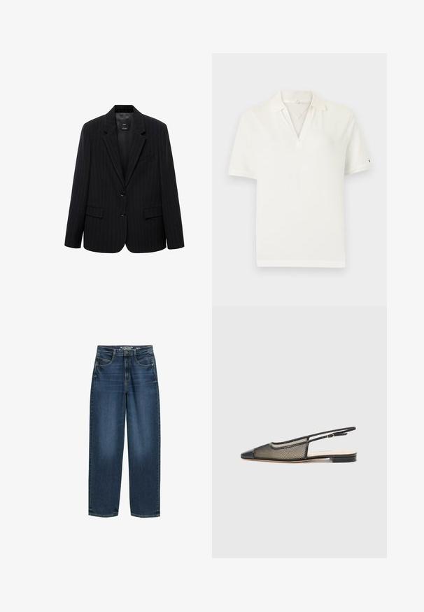 Blazer negro a rayas con solapa de muesca, botones frontales y dos bolsillos frontales. Confeccionado en una tela lisa con un ajuste entallado.; Polo blanco de manga corta con cuello en V, cuello y pequeño logo en la manga izquierda.; Jeans de pierna ancha de color azul oscuro con cintura alta, bolsillos frontales y textura de denim clásica. Acabados con detalles de costura sutiles y aberturas de pierna recta.; Zapato slingback negro y dorado con punta afilada, diseño de malla y suela plana. Presenta una fina correa para el tobillo con un acento de hebilla circular.