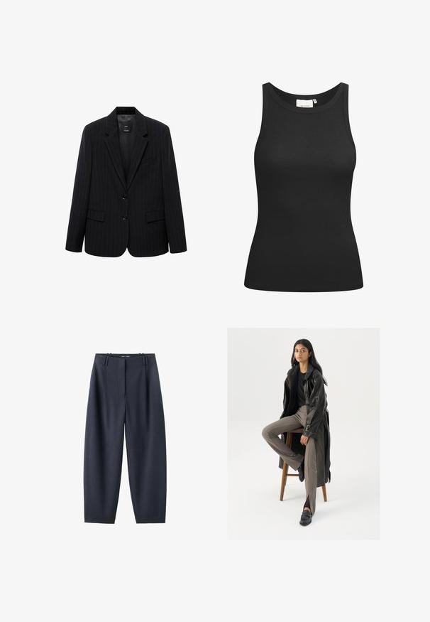 Blazer negro a rayas con solapa de muesca, botones frontales y dos bolsillos frontales. Confeccionado en una tela lisa con un ajuste entallado.; Top negro sin mangas hecho de tela acanalada, con un escote en forma de bote y un ajuste ceñido. Costuras planas y sin adornos. Diseño simple y elegante.; Pantalones anchos negros con rayas finas, presillas para cinturón y cierre frontal de cremallera, mostrados sobre un fondo blanco.; Abrigo de trench de cuero negro con botones y detalle de cinturón, combinado con pantalones ajustados de color marrón claro y mocasines negros, sentado en un taburete de madera.