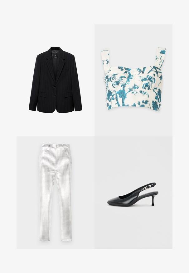 Blazer negro a rayas con solapa de muesca, botones frontales y dos bolsillos frontales. Confeccionado en una tela lisa con un ajuste entallado.; Camiseta corta blanca con estampado floral azul y tirantes anchos, zona del busto estructurada con costuras visibles.; Pantalones blancos de corte ajustado con rayas negras verticales, con botones frontales, cremallera, trabillas para cinturón y bolsillos.; Zapato tipo slingback de cuero negro con punta puntiaguda, tacón bajo y delgado estilo kitten, y correa ajustable con hebilla, sobre un fondo claro y liso.