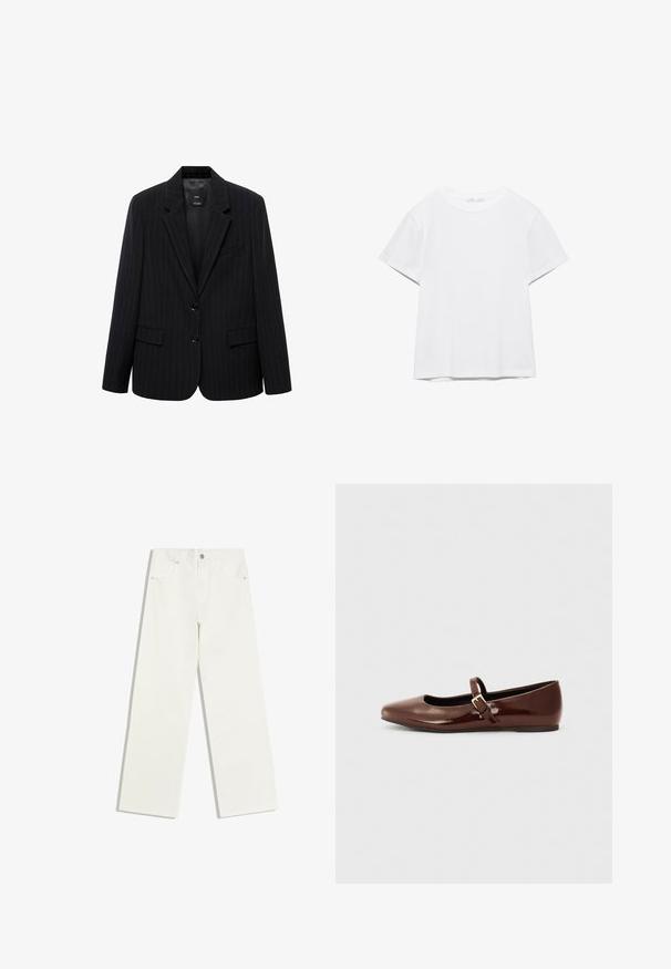 Sort blazer med smalle striber, der har et skåret revers, frontknapper og to forlommer. Fremstillet af glat stof med en skræddersyet pasform.; Hvid, kortærmet T-shirt med rund hals og lige kant, vist på en hvid baggrund.; Hvide jeans med højt liv og lige ben, med forlommer og knaplukning på hvid baggrund.; Brun patentlæder balletflade med firkantet tå og strop med en lille guldbuckle. Glat tekstur, lav hæl og minimalistisk design.