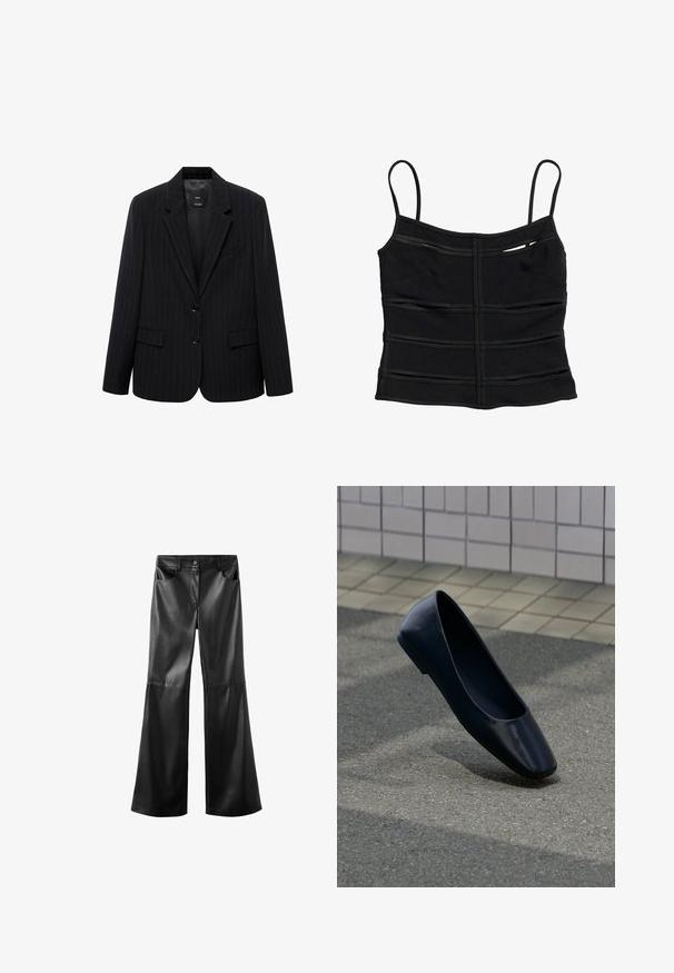 Blazer negro a rayas con solapa de muesca, botones frontales y dos bolsillos frontales. Confeccionado en una tela lisa con un ajuste entallado.; Top corto negro ajustado con tirantes finos y detalles de costuras horizontales en la tela.; Pantalones negros de piel sintética con piernas anchas acampanadas, cierre frontal con botón y cremallera, trabillas para cinturón y bolsillos delanteros.; Zapato plano de cuero negro, de pie verticalmente sobre una superficie de asfalto cerca del borde de una acera con baldosas.