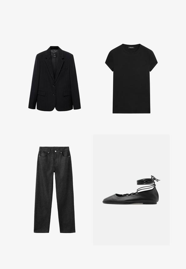Zwarte blazer met een smal gestreept patroon, voorzien van een geknipt revers, voorknopen en twee voorzakken. Gemaakt van een gladde stof met een getailleerde pasvorm.; Zwart T-shirt met korte mouwen en ronde hals met een zichtbaar merklabel bij de hals, gecentreerd op een witte achtergrond.; Zwarte denim broek met een rechte pijp, voorzien van vijf zakken, zilverkleurige hardware en een gladde textuur.; Zwarte leren platte ballerinaschoen met een puntige neus, meerdere dunne bandjes over de bovenkant en veterstrikjes die rond de enkel zijn gewikkeld.