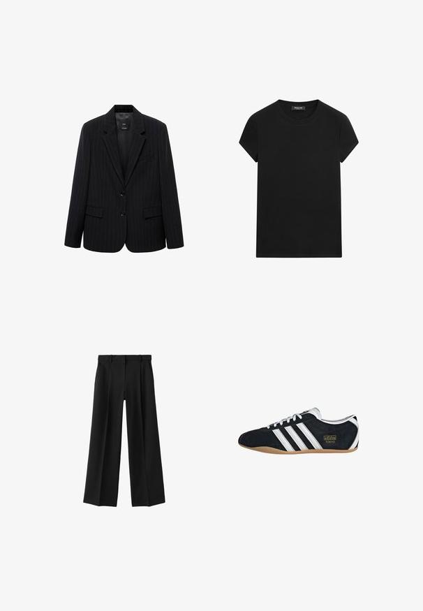 Zwarte blazer met een smal gestreept patroon, voorzien van een geknipt revers, voorknopen en twee voorzakken. Gemaakt van een gladde stof met een getailleerde pasvorm.; Zwart T-shirt met korte mouwen en ronde hals met een zichtbaar merklabel bij de hals, gecentreerd op een witte achtergrond.; Zwarte broek met wijde pijpen, met riemlussen en voorzakken, plat weergegeven tegen een witte achtergrond.; Zwarte suède sneaker met witte drie strepen, gouden logo en een bruine rubberen zool. Heeft een laag profiel vetersluiting ontwerp.