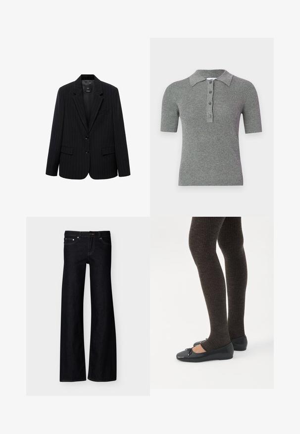 Blazer negro a rayas con solapa de muesca, botones frontales y dos bolsillos frontales. Confeccionado en una tela lisa con un ajuste entallado.; Polo gris acanalado con cuello de solapa, mangas cortas y abertura con tres botones. Hecho de tela de punto texturizada.; Vaqueros de pierna ancha en negro con bolsillos delanteros, cierre de botón y costuras visibles, presentados sobre un fondo blanco liso.; Piernas con leggings oscuros acanalados combinados con bailarinas negras que presentan pequeños detalles de lazo sobre un fondo blanco.