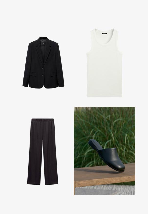 Zwarte blazer met een smal gestreept patroon, voorzien van een geknipt revers, voorknopen en twee voorzakken. Gemaakt van een gladde stof met een getailleerde pasvorm.; Witte mouwloze geribbelde tanktop met ronde halslijn en label aan de binnenkant van de kraag.; Zwarte wijde broek met elastische tailleband en zijzakken, gemaakt van soepel materiaal dat is ontworpen voor comfort en casual dragen.; Zwarte leren instap mule schoen zwevend boven een houten bank met hoog groen gras op de achtergrond.