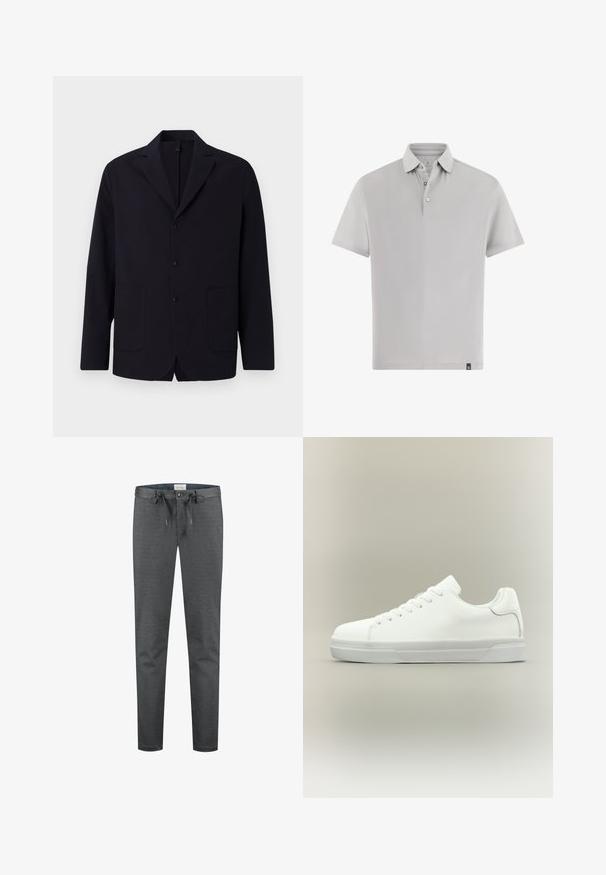 Blazer navy en tissu texturé, à un bouton avec trois boutons, revers à cran, deux poches frontales et coupe décontractée.; Polo gris à manches courtes en tissu lisse. Il présente un col classique, une patte avec deux boutons et une petite étiquette de marque sur l'ourlet.; Pantalons gris extensibles avec une texture lisse, taille à cordon de serrage et fermeture à bouton. Présente un design ajusté et des coutures minimales visibles.; Baskets basses blanches à lacets, doté d'un col rembourré et d'une semelle en caoutchouc texturée, présentées de profil sur un fond neutre.