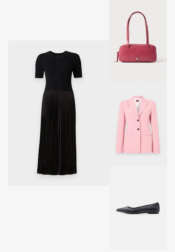 Lyserød blazer med skræddersyet pasform, enkeltknap-design, to frontlommer og sorte knapdetaljer. Glat stoftekstur.; Sort kjole med ribbet top og plisseret nederdel. Korte ærmer og rund halsudskæring. Materialet virker blødt med en glat overflade.; Sort flad lædersko med spidst tåparti og lav hæl, vist i sideprofil mod en hvid baggrund.; Lyserød læderhåndtaske med rektangulær form, dobbelte håndtag og en lille metalemblem på fronten, med en glat, blank tekstur.