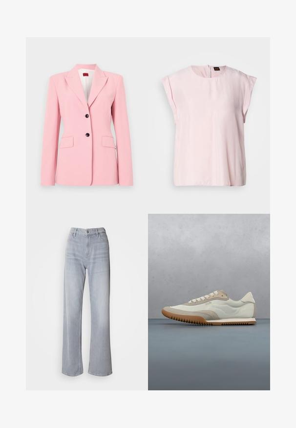 Lyserød blazer med skræddersyet pasform, enkeltknap-design, to frontlommer og sorte knapdetaljer. Glat stoftekstur.; Lyserød, kortærmet top med rund halsudskæring og en subtil glans. Har en lynlås på bagsiden og en afslappet pasform. Glat tekstur.; Lys grå vidde jeans med høj talje, lavet af denim. Har forlommer, lynlås og subtil falmen over det hele.; Hvide og beige sneakers med en glat overdel og suede detaljer, en tekstureret sål og tonet syninger. Snørelukning med logo detalje.