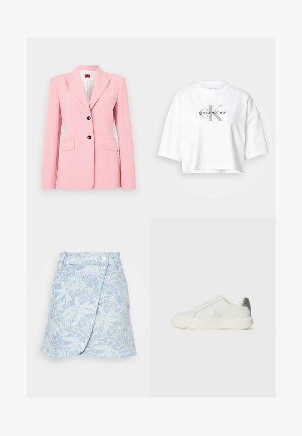 Lyserød blazer med skræddersyet pasform, enkeltknap-design, to frontlommer og sorte knapdetaljer. Glat stoftekstur.; Hvid crop-top med oversize ærmer og stort gråt "CK" samt sort "Calvin Klein" logo centreret på forsiden.; BOSS SKIRT MINI - A-snit nederdel - medium blue; Hvide sneakers lavet af læder med en glat tekstur, forsynet med en sølvaccent på hælen, flad sål og minimalistisk design.