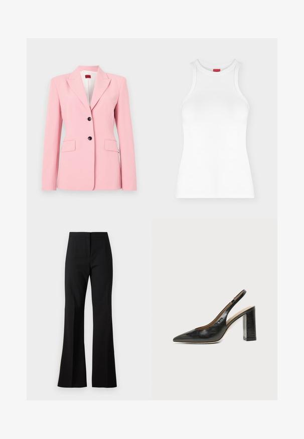 Lichtroze blazer met een getailleerde pasvorm, enkel-breasted ontwerp, twee voorzakken en zwarte knoopaccenten. Glad textuur van de stof.; Wit mouwloos geribd tanktopje met hoge ronde hals en aansluitende pasvorm, weergegeven op een effen lichte achtergrond.; Zwarte uitlopende broek gemaakt van een gladde stof, met een hoge taille, voorpijpen met vouwen en een nette afwerking aan de zoom.; Zwarte leren slingback schoen met spits toelopend neusje, hoge blokhak en beige binnenvoering tegen een effen lichte achtergrond.
