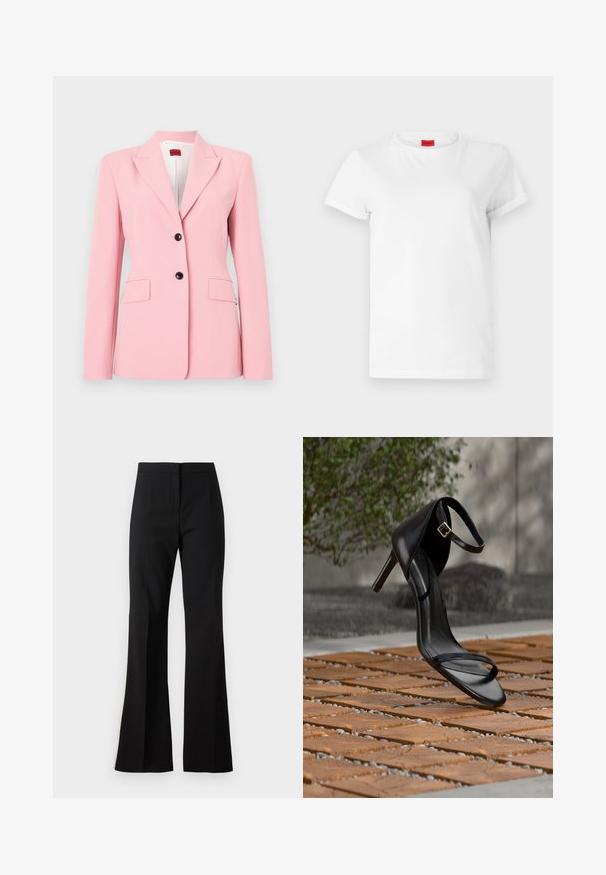 Blazer rose clair au fit ajusté, design à un bouton, avec deux poches avant et des accents en boutons noirs. Texture de tissu lisse.; T-shirt blanc à manches courtes en coton léger. Présente un col rond et des manches retroussées. Étiquette logo rouge sur le col.; Pantalon noir évasé en tissu lisse, avec une taille haute, des plis sur le devant et une finition nette aux ourlets.; Sandale noire à talon haut avec sangle à la cheville, suspendue au-dessus d'un sol en carreaux de bois à l'extérieur, avec un arrière-plan flou de verdure et de pierre.