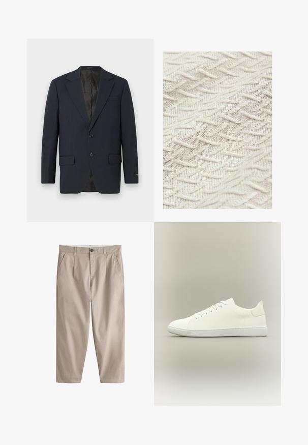 Marineblauwe blazer, twee knopen, notch-revers, twee voorzakken, gestructureerde stof en een gladde zwarte binnenvoering.; Getextureerde stof in crèmekleur, met een zigzagpatroon en verhoogde draden voor extra diepte en dimensie. Lichtgewicht en zachte textuur.; Beige rechte broek met riemlussen, knoop- en ritssluiting aan de voorkant, zijzakken en zichtbare stikseldetails op een witte achtergrond.; Witte lage sneaker met veters, een bovenwerk van glad leer en een platte rubberen zool op een neutrale achtergrond.