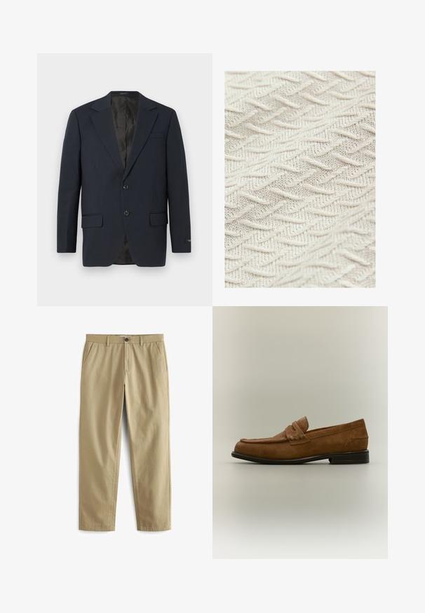 Marineblå blazer, to-buttons lukning, notch lapels, to forlommer, struktureret stof og en glat sort inderside.; Tekstureret stof i cremefarve med et zigzag-mønster og hævede tråde for ekstra dybde og dimension. Letvægts- og blød tekstur.; Beige bukser lavet af en bomuldsblanding, med knaplukning, to forlommer og lige ben med minimal tekstur.; Brun ruskind loafer med en lav sort hæl og et syet remdetalje på overdelen, vist fra siden mod en neutral baggrund.