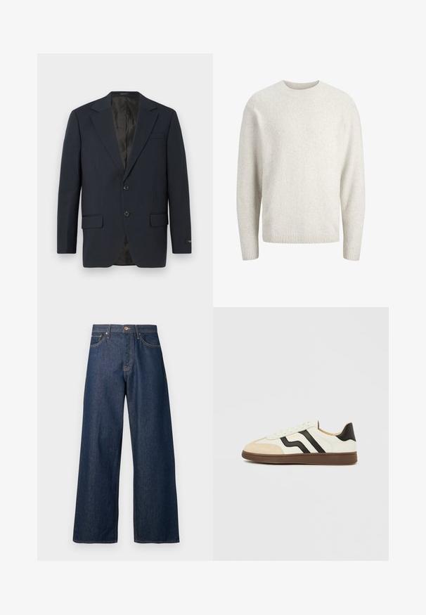 Marineblå blazer, to-buttons lukning, notch lapels, to forlommer, struktureret stof og en glat sort inderside.; Ensfarvet cremefarvet langærmet sweater med rund halsudskæring og ribstrikkede ærmekanter og kant forneden.; Vidbenede jeans lavet af mørkt denim med orange syninger, som har fem lommer, en knaplukning foran og en lige silhuet.; Hvid læder sneakers med sorte striber og tan ruskind tækkappe. Gummisål i mørkebrun. Snørebånd og polstret krave fuldender designet.