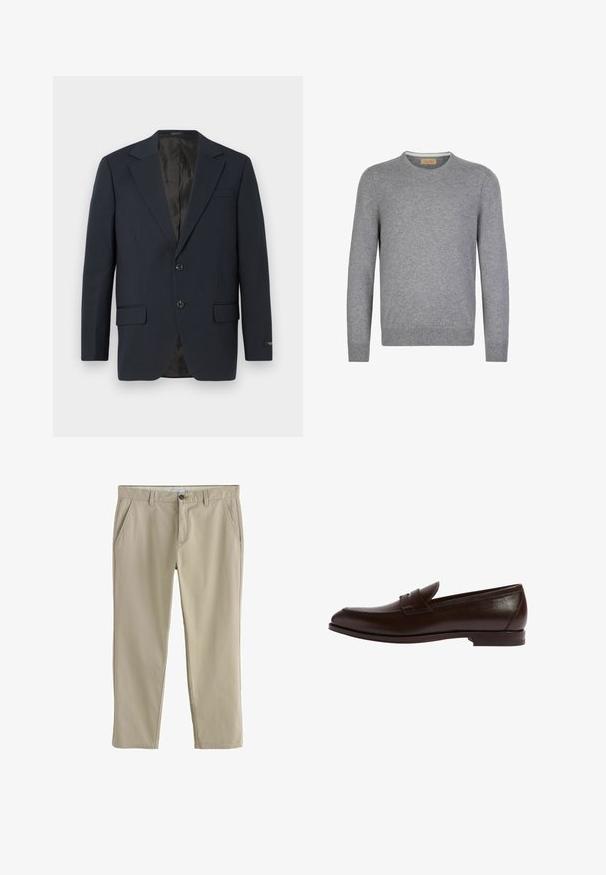 Marineblå blazer, to-buttons lukning, notch lapels, to forlommer, struktureret stof og en glat sort inderside.; Grå langærmet sweater i blødt strikket materiale. Rund halsudskæring, ribbede manchetter og kant, med et simpelt og rent design.; Beige bukser med lige ben, sidelommer, bæltestropper og knaplukning i taljen.; Brun læder loafer med rund tå, syningsdetaljer og en diskret båndaccent. Slank profil med en flad gummisål.